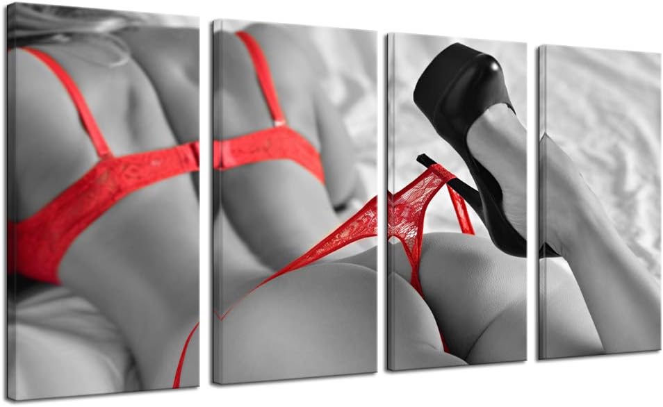 LevvArts - 4 Piece Canvas Print Wall Art Grey and Red Woman Painting Artwork Stretched and Framed Ready to Hang Modern Sexy Poster Bedroom Bathroom Decoration 12"x24"x4