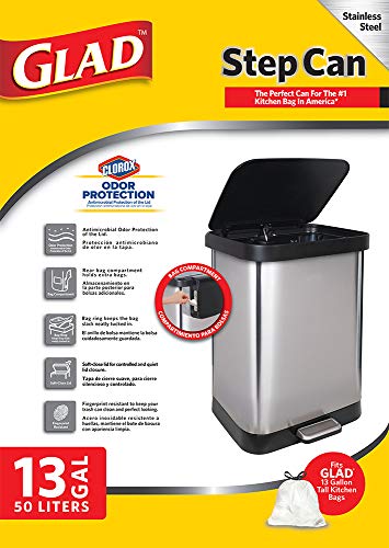 Glad GLD-74506 Stainless Steel Step Trash Can with Clorox Odor Protection | Large Metal Kitchen Garbage Bin with Soft Close Lid, Foot Pedal and Waste Bag Roll Holder, 13 Gallon