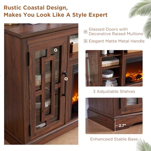 JXQTLINGMU Farmhouse Fireplace TV Stand with 36" Electric Fireplace for 80 Inch TV, 32" Tall Entertainment Center, Modern Media Console, 6 Shelves Storage Cabinet for Living Room, Brown