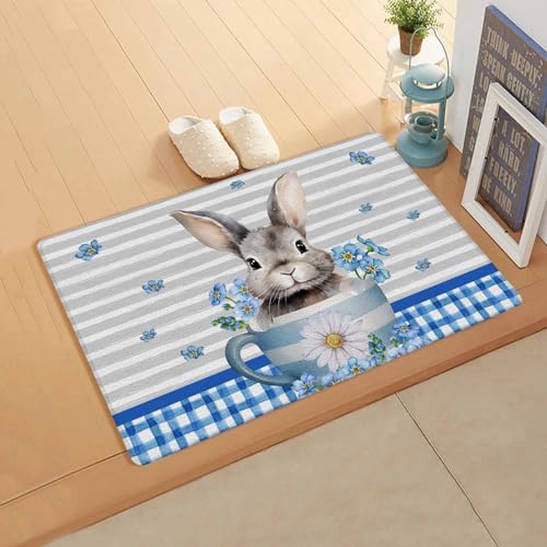 Easter Rabbit Kitchen Bath Door Mat Cushioned Runner Rug,Washable Welcome Floor Sink Antifatigue Mat,Waterproof & Non-Slip Comfort Standing Doormat,Blue Flower Grey White Stripes Retro Lattice 18