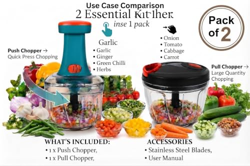 Image of Vegetable Chopper | Manual Food Chopper with Stainless Steel Blades | Onion Cutter, Garlic Cutter, Chilli Cutter (Multicolore, L m)