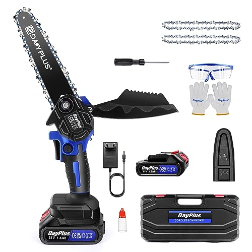 Mini Tronçonneuse 6 Pouces avec Batterie 1.5Ah et 2 Chaînes, Brushless Tronçonneuse à Une Main avec Verrouillage de Sécurité, Petite Tronçonneuse Électrique Sans Fil pour Couper Bois et Élaguer Arbres