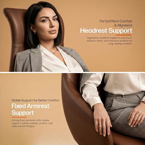 Image of DROGO Calista Ergonomic Office Chair for Work & Home with Premium Vegan Leather | Executive Boss Chair with 5 Cm Seat Depth Adjustment | 3-Point Tilt Recline Lock | Heavy Duty Metal Base (Brown)