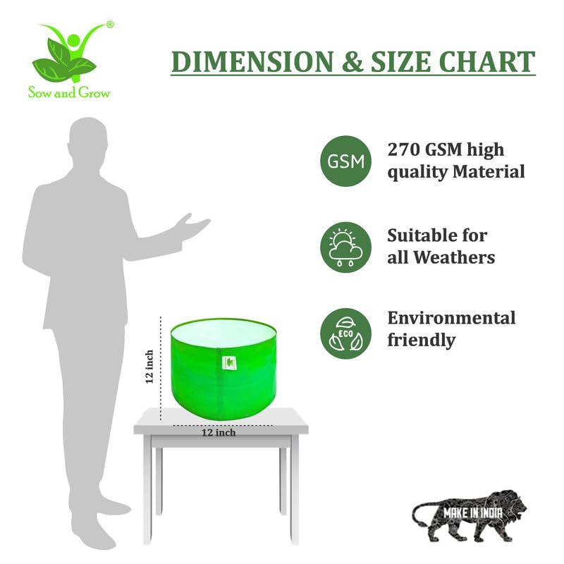 Image of Sow and Grow HDPE UV Protected 270 GSM Round Grow Bags for Terrace and Backyard Gardening Planters for Vegetable, Flower, Herbs and Fruits Green Color, Reusable Plant Bags (12x12 INCH, 3)