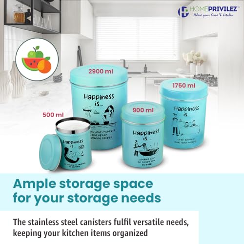 Image of inchChromaJars inch Stainless steel Stylish Coloured printed storage containers set of 4 for Home & Kitchen 500Ml, 900ML,1750 Ml & 2900 Ml (SEA BLUE)