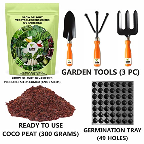 Image of 30 Variety Vegetables Seeds (Different Combos) (30 Vegetable Seeds Combo + Garden Tools Set of 3 + Coco Peat + Germination Tray)