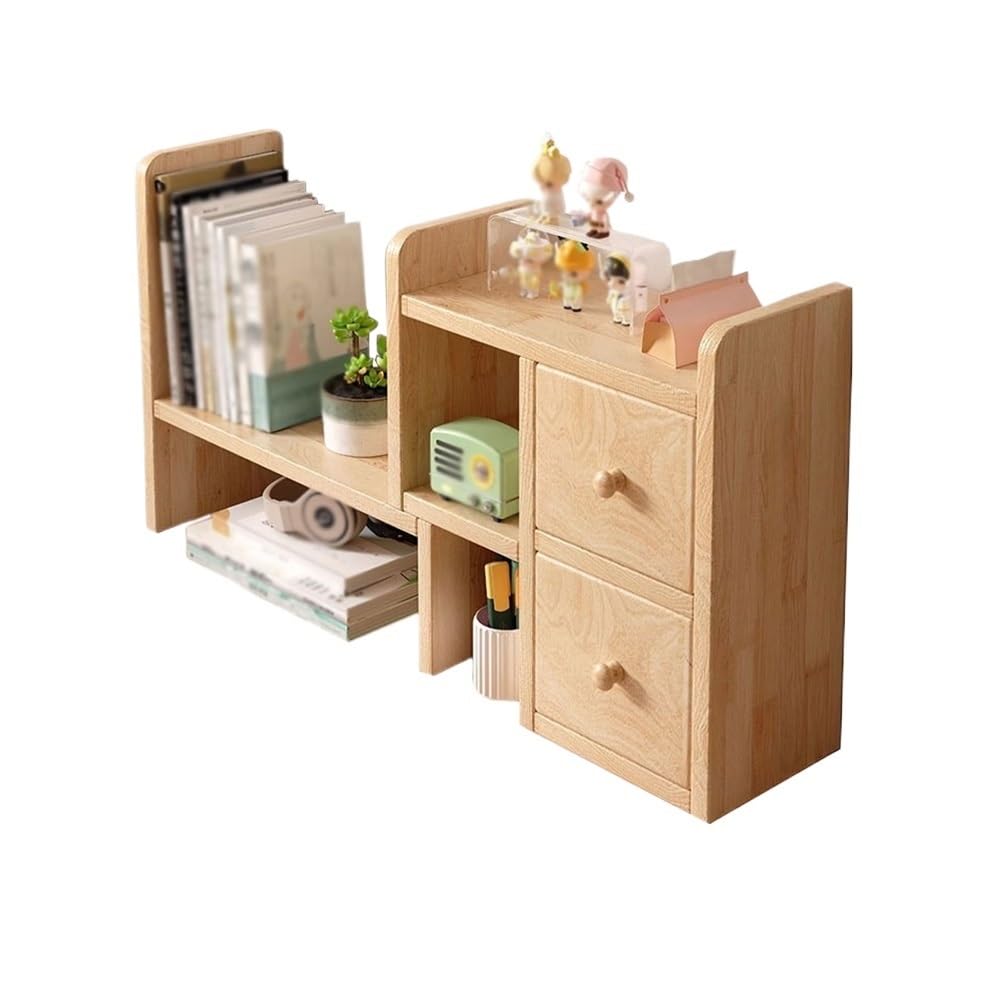 Libreria Organizzatore da Tavolo Estensibile, Ruota di 90 Gradi Scaffale Autoportante in Legno, con 2 Cassetti, for Forniture for Ufficio Libri Decorazioni for Verde(Expandable 63-80cm)