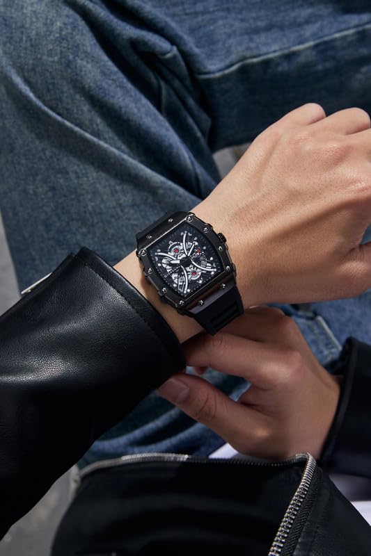Image of Giordano Analog Square Watch for Men with Skeleton Design, Rugged Textured Case, Luminous Hands, and Silicone Strap