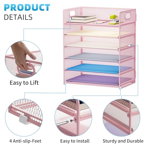 Image of Marbrasse 2 Pack Desk Organizer with Handle, 6 Tier Paper Letter Tray, Mesh Desk File Organizer for Office, School and Home - Pink