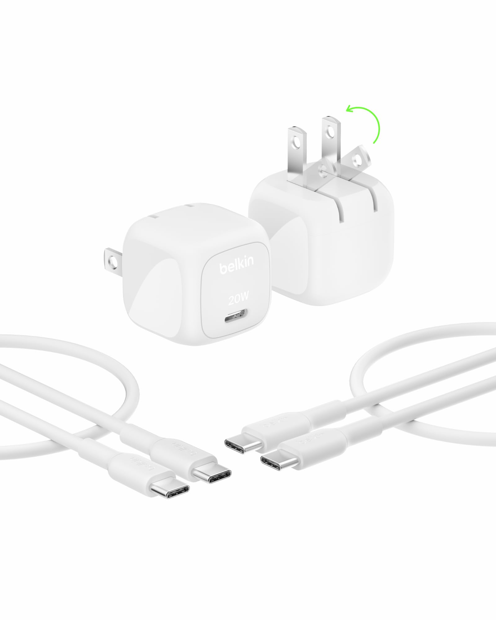 Belkin USB C Charger Block 20W, Fast Charging Block, Type C Wall Charger, USB C Cable Included Compatible with Apple iPhone 16/15/14/13, Galaxy S25, Google Pixel 9, iPad, AirPods, etc - White (2 Pack)