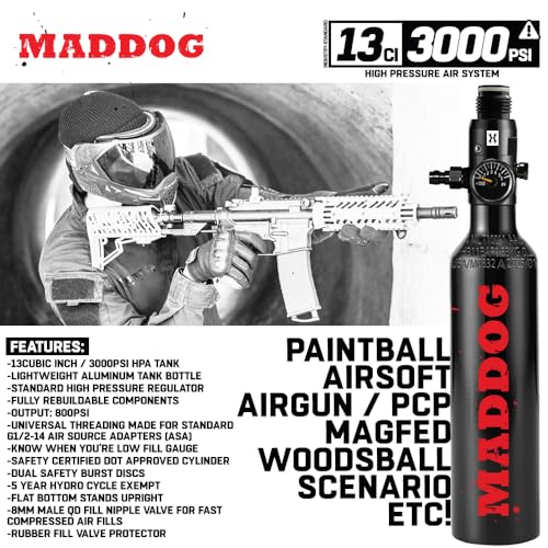 Image of Maddog Aluminum Compressed Air HPA Paintball Tank with Regulator - Airgun Airsoft PCP - Fresh Hydro Date - Ships Empty - Single - Refillable