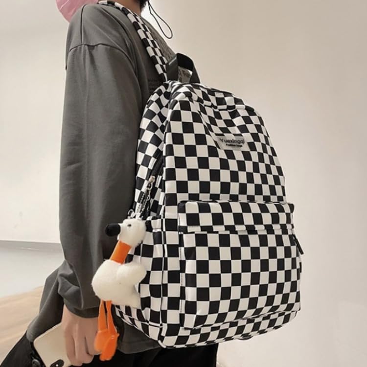 Miniatura 3 de Y2K - Mochila estética a cuadros con colgante Kawaii de tablero de ajedrez, mochila ligera para computadora portátil, Negro -, Mochilas de mochila