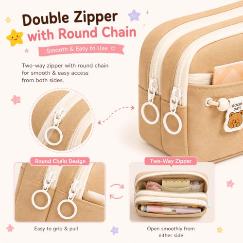 Image of Kawaii Cute Aesthetic Pencil Case 3 Layer 6 Compartment Large Capacity for Students | Pencil Pouch with Zipper | Cartoon Stationery Organizer Bag for Kids, Pencil Case for Girls & Boys (Brown)