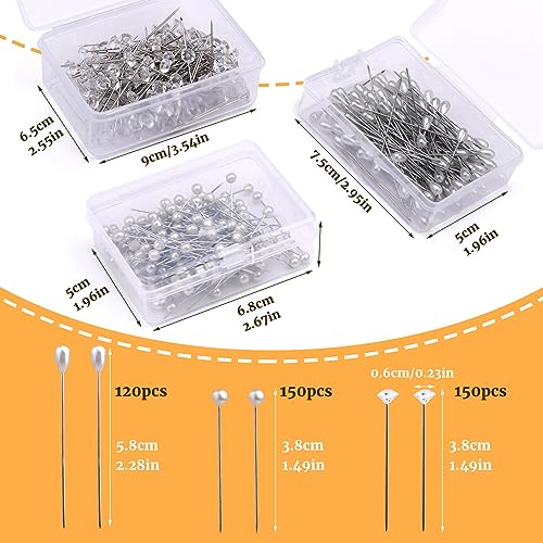 420pcs Corsage Pins Boutonniere Pins, Teardrop Pearl Head Pins Floral Diamond Pins Corsage Pins Mix Straight Pins with Plastic Storage Boxes for Wedding Flower DIY, Jewelry, DIY Crafts Decoration