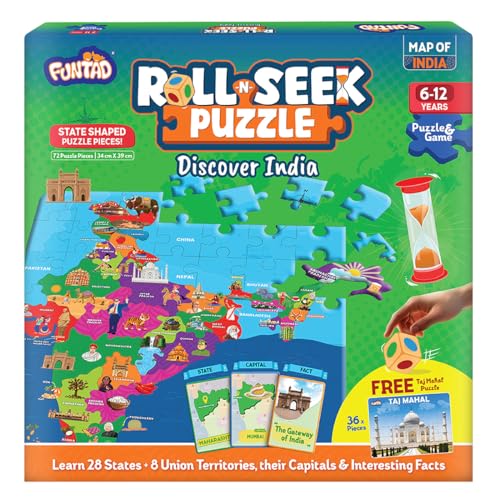 Image of Roll N Seek India Map - Educational Board Game & Puzzle | Learn Indian Sate, Capital and Interesting Facts| State Shaped Puzzle (72 pcs)| Return & Birthday Gift for Boys & Girls Age 6-12 yrs
