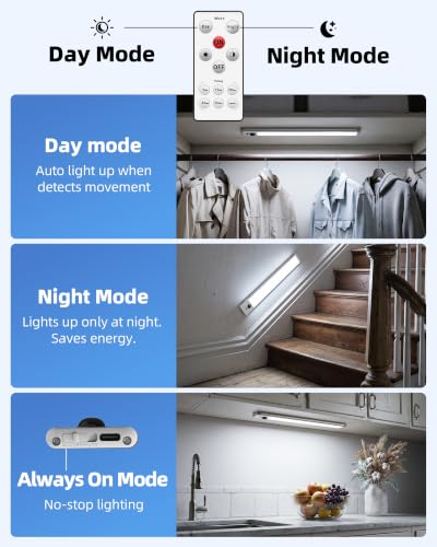 Image of EZVALO 6 Pack Under Cabinet Lights, 14.5'' Magnetic Motion Sensor Light, 4000mAh Rechargeable Closet Light with Remote & Timer, Dimmable 5700K Cool White for Kitchen, Closet, Stairs, Hallway