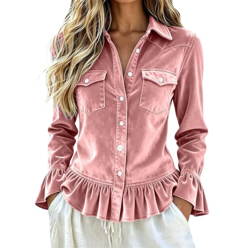 ENCURKUS Womens Velvet Long Sleeves Blouses Western Button Pocket Shirts - image 4