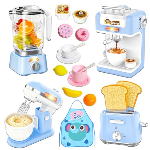 Accesorios Cocina Juguetes con Realista Luz Sonido, Set de Utensilios Cocina Juguete, Cafetera, Licuadora, Batidora, Tostadora, Grembiule y Comida de Juguete, para Niños 3+