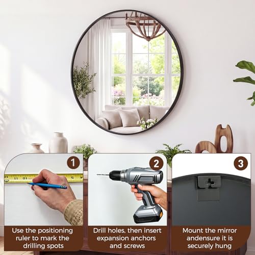 Image of Sweetcrispy 24 Inch Round Wall Mirror, Bathroom Mirrors for Over Sink, Matte Metal Framed Circle Vanity Mirror, Wall Decor for Bedroom, Entryway, Anti-Rust, Tempered Glass, Hanging or Leaning, Black