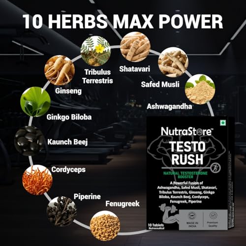 Image of NutraStore TestoRush Mini (Pack of 2) | Testosterone Supplement for Men | 10-Powerful Herbs | Ashwagandha, Safed Musli, Ginseng, Tribulus & Cordyceps | Energy, Vitality & Stamina | 20 Veg Tablets