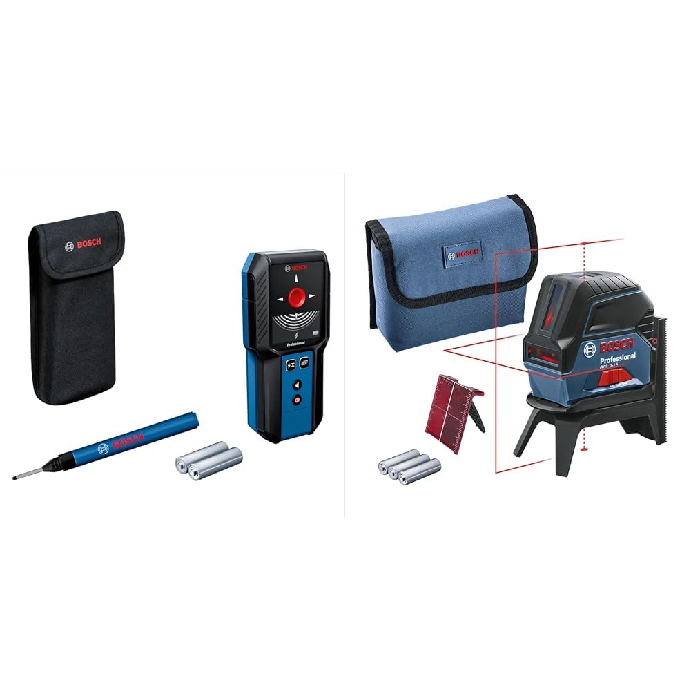 Bosch Professional Ortungsgerät GMS 120-27 (Ortet nicht-magnetisches Metall, magnetisches Metall, Spannungsleitungen, Holz) & Kreuzlinienlaser GCL 2-15 (bis zu 15 m, 3x AA,RM 1, Laserzieltafel)