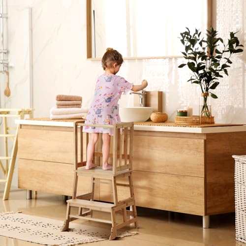COSYLAND Lernturm ab 18 Monaten - Lernstuhl für Kinder aus Bambus - mit Kippschutz, rutschfesten Matten, 2 Stufen und Sicherheitsbügel - für Bad, Kleinkinderzimmer, Küche - Bambusfarbe