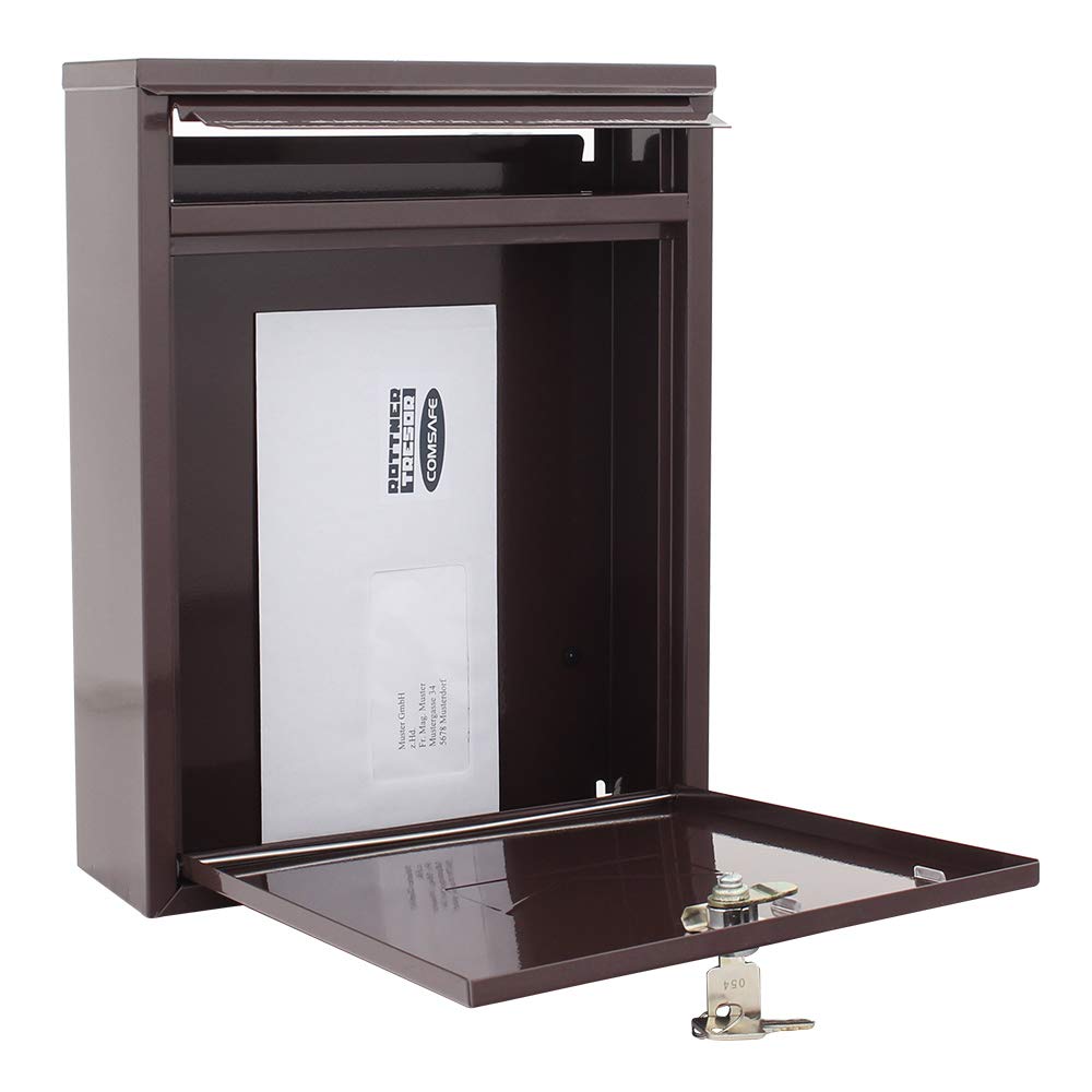Rottner K10348 cassetta delle lettere Como, marrone, serratura a cilindro con 2 chiavi, LxHxP 250x320x85 mm, kit di fissaggio incluso, targhetta portanome