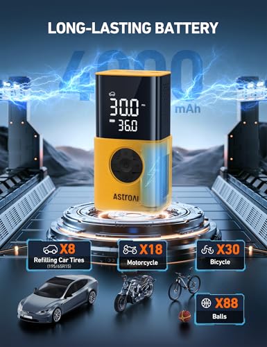 Image of AstroAI L7S Tire Inflator Portable Air Compressor Cordless with Digital Pressure Gauge, 150 PSI LED Light Bike Air Pump with Fast Inflation & Auto Shut-Off for Car Tires,Motorcycles,Bikes,Balls,Yellow