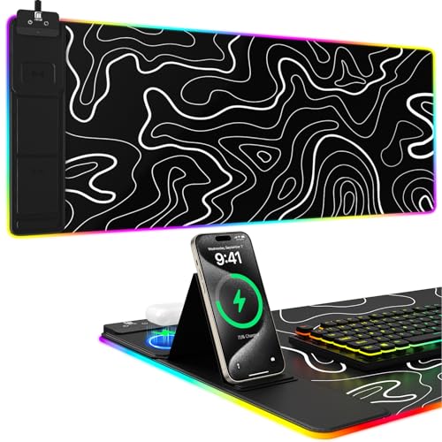 Image of Mouse Pad with Phone Holder, Wireless Charging Desk Mat, RGB Gaming Mousepad Home Office Large Desk Pad with Ultra-Smooth Surface, Non-Slip Base, Waterproof Keyboard Pad,Topographic Black