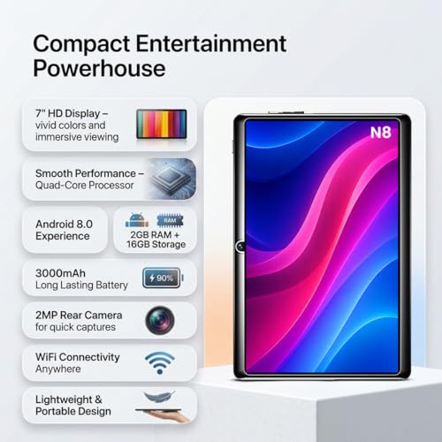Image of IKALL N8 Android Wi-Fi Tablet - 7 Inch Display, 2GB RAM, 16GB Storage (Expandable), Wi-Fi Only, 3000mAh Battery, Dual Camera, Compact Tablet for Entertainment, Online Learning & Browsing (Black)