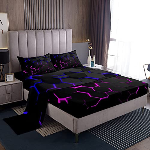 Image of Honeycomb Hexagon Bed Sheets Kids Boys Blue Purple Neon Lights Sheet Set 3 Pcs Child Modern Sheets Set + Deep Pocket Fitted Sheets + Chic Creative Flat Sheet 1 Pillow Sham,Twin Size