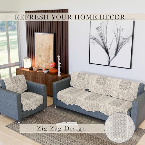 Image of Kuber Industries Sofa Cover | Net 5-Seater Sofa Cover | Sofa Slipcover for Living Room, Home Decor | 10 Pices | Zig Zag Print-Cream