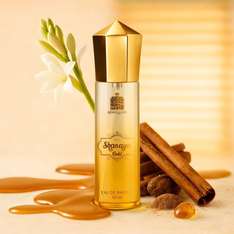 Adilqadri Shanaya Gold Gourmand Perfume for Men & Women | Long-Lasting Arabic & Woody Scent | Eau de Parfum with Spicy, Floral, Vanilla & Woody Notes | Ideal for Special Occasions | 10 ML