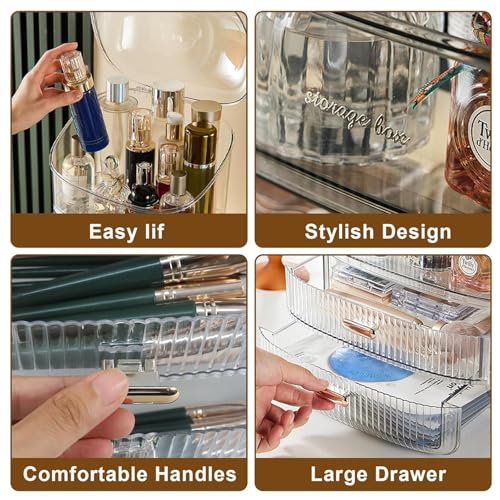 Image of JIALTO Makeup Organizer with Drawer Storage, Transparent Cosmetic Organizer Box with Dustproof Cover, Skincare & Perfume Storage Case for Dressing Table, Bathroom Vanity Organiser for Women (Brown)
