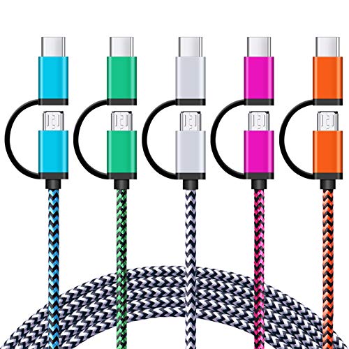 USB Type C Cable 5Pack 6Ft USB C 2 in 1 Cable [ Micro USB & Type C ] Nylon Braided Fast Charger Cord Type A to C Wire for Samsung Galaxy S9 Note 8 S8 Plus, LG V35 V30 V20 G7 G6 G5,Google Pixel 2 XL