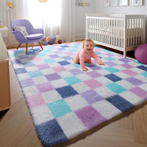 Image of KICMOR Purple Rainbow 5x8 Area Rug for Living Room, Fluffy Soft Colorful Checkered Rug Fuzzy Shag Shaggy Bedroom Carpet, Cute Indoor Plush Rugs for Teen Kids Girls Dorm Nursery Home Decor Aesthetic