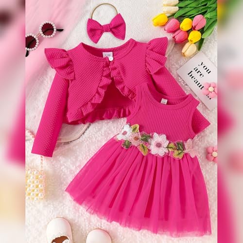 OBEEII Toddler Baby Girls Dress and Cardigan Long Sleeve Bolero Shrug Flower Knit Tutu Dress Fall Outfit with Headband Set2
