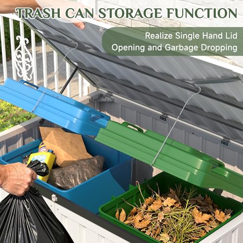 Image of AECOJOY Outdoor Trash Can Storage Shed, 46 Cu.Ft Metal Garbage Bin Enclosure with Lift-Up Lid & Gas Strut, Waterproof Outdoor Garbage Can Organizer, Bike Shed Backyard Patio Garden, White