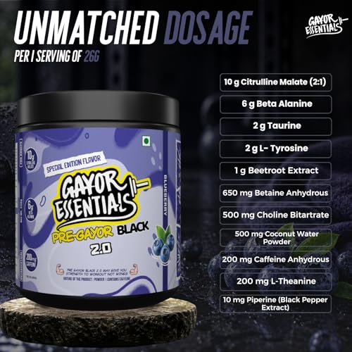 Image of Gayor Essentials Pre gayor black 2.0 Pre Workout High Stim Energy, Focus & Muscle Pump, 200mg Caffeine, 10g Citrulline Malate, 6g Beta Alanine, L-Theanine Performance Formula(Blueberry, 338g)