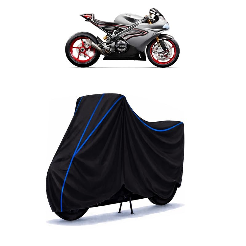 Image of Norton Bike Cover Water Resistant Universal Motorcycle Rain | Heavy Duty UV Protection, Dust, Scratch Indoor Outdoor All Weather with Black Blue Piping Elastic
