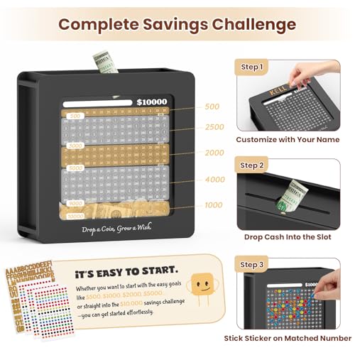 Image of Summidate Wooden Money Saving Box, Clear Window Cash Vault Savings Box -10000 Challenge with Tracker Stickers, Reusable Piggy Bank for Adults & Kids, Birthday /Baby Shower /Wedding Gift
