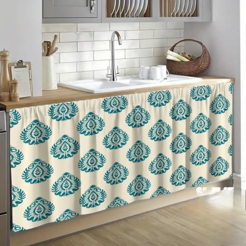Image of Kitchen Curtains for Sink | Premium Printed Under-Sink Skirt for Kitchen Counter | Washable & Dustproof Rod Pocket Curtain | Home & Cooking Theme Decor (150cm x 70cm) (Blue Kunja)