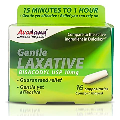 AVEDANA Laxative Suppositories – 10mg USP Bisacodyl Suppositories – Fast and Gentle Constipation Relief – Comfort-Shaped Bisacodyl Laxative Suppository – Pack of 16 Suppositories Cover