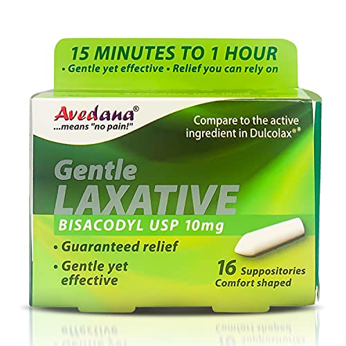 Avedana Laxative Suppositories â€“ 10mg USP Bisacodyl Suppositories â€“ Fast and Gentle Constipation Relief â€“ Comfort-Shaped Bisacodyl Laxative Suppository â€“ Pack of 16 Suppositories