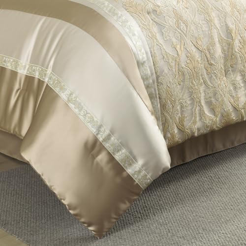 Image of CozyDH Comforter Set King Size, Champagne Gold Beige - Luxury 7 Piece Bed in a Bag Jacquard Damask Vintage Floral, All Season Down Alternative Bedding with Bed Skirt, Shams, Decor Pillows, 104x90 in