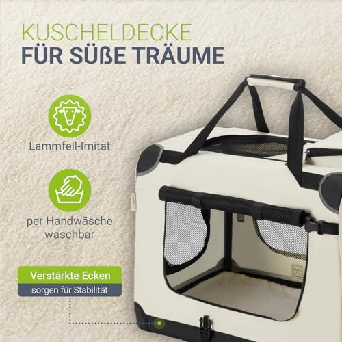 Juskys Hundetransportbox Lassie S faltbar & tragbar 34x50x36 cm mit Decke, Tasche & Griffen - Faltbare Transportbox für Hunde, Katzen & Haustiere - Oxford Stoff Hundebox Auto Hundetasche - Beige