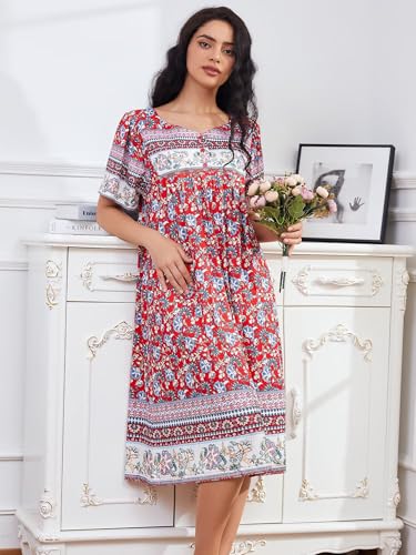 Image of CRIPOM Womens Nightgown Short Sleeve House Dress with Pockets-Floral Print Mumu Dress S-3XL