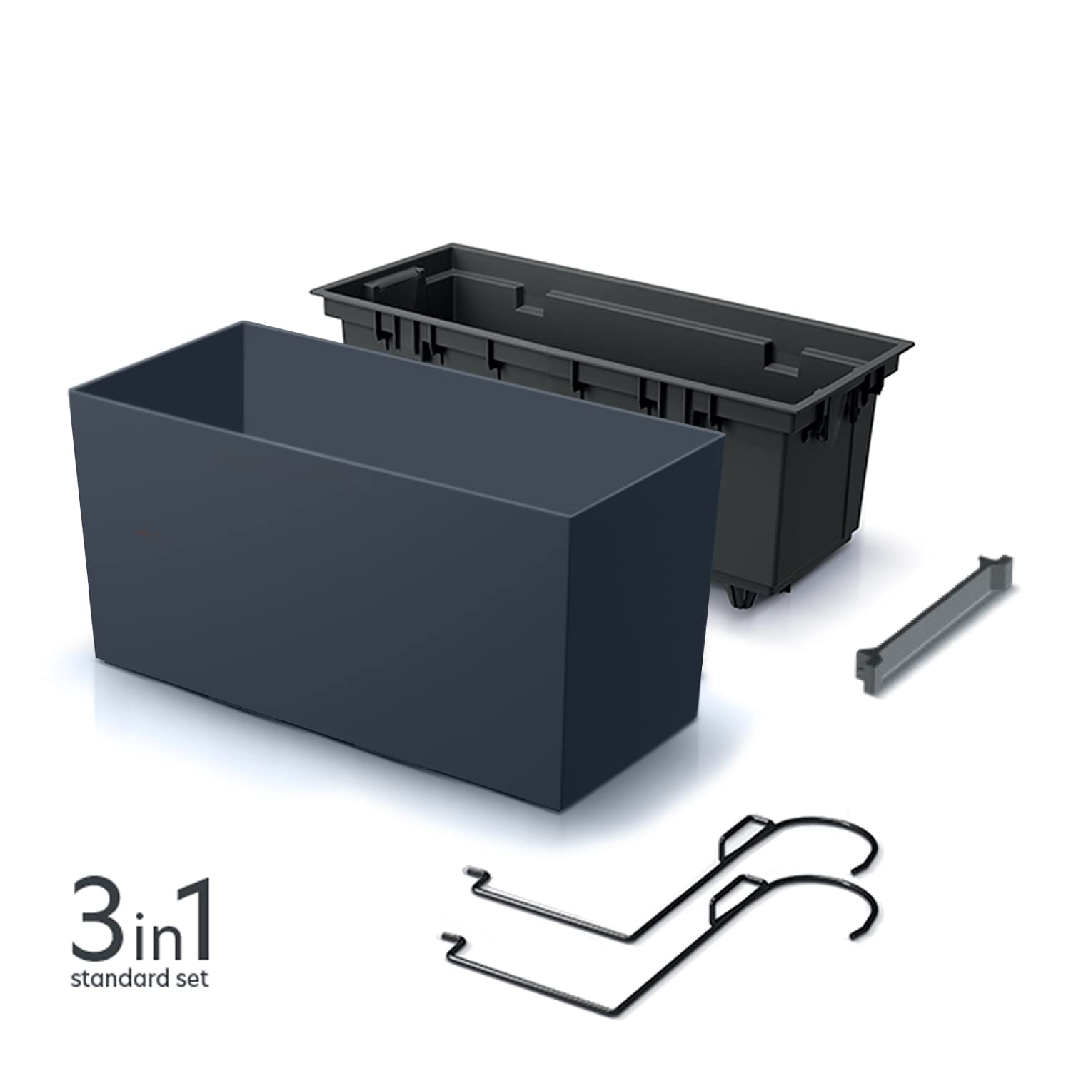 IMJ-Global Urbi - Juego de 3 macetas rectangulares para flores, plantas, de plástico, 39,5 x 18,5 x 19,5 cm, para interior y exterior, color negro, volumen 12 litros, diseño moderno
