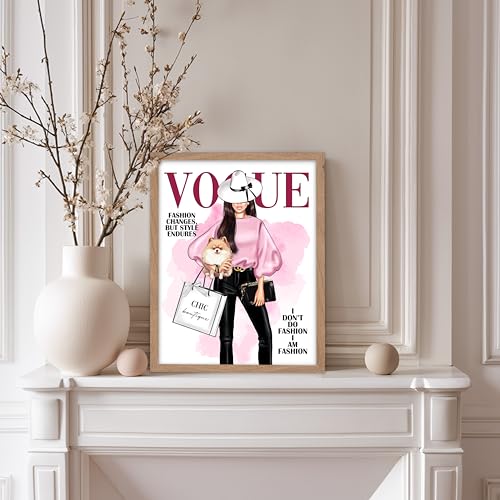Image of Poster Master Lady with Dog Print - I Am Fashion Poster - Modern Trendy Art - Chic Gift for Women & Fashionista - Haute Couture Decor for Bedroom or Girls Room - 11x14 Beige Framed