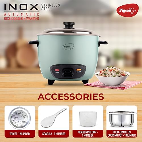 Pigeon Inox Rice Cooker with Single pot, 1 litres | Stainless Steel Lid | 400 Watts | 1 Steel Cooking Pot | Measuring Cup | Spatula | Energy... - Image 5